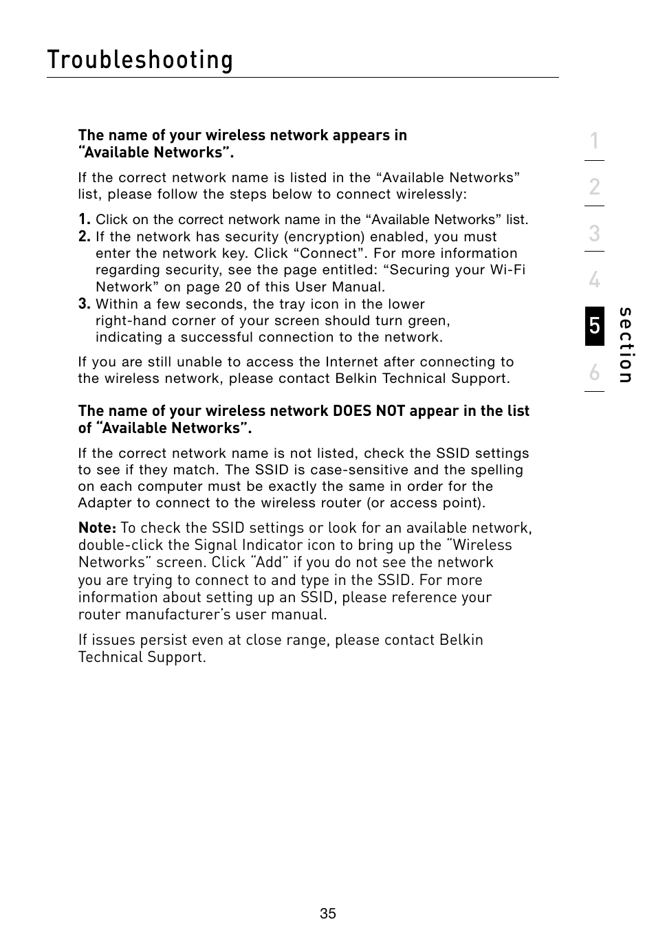 Troubleshooting, Se ct io n | Belkin F5D8053 User Manual | Page 37 / 48