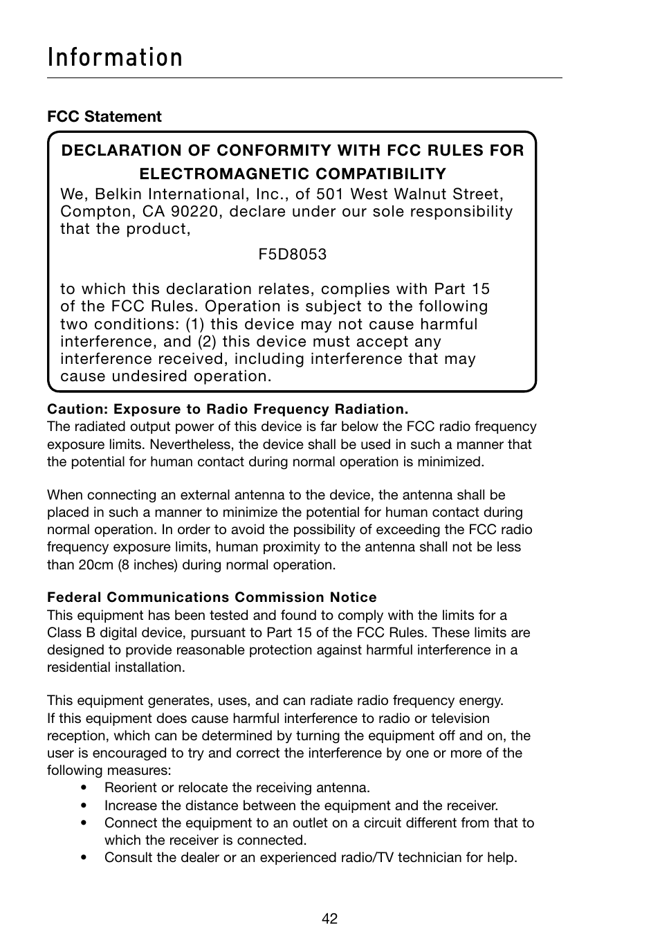 Information | Belkin F5D8053 User Manual | Page 44 / 48