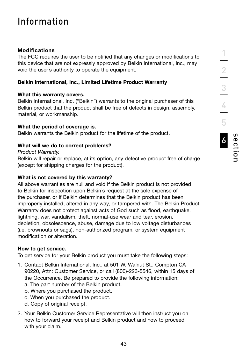 Information, Se ct io n | Belkin F5D8053 User Manual | Page 45 / 48