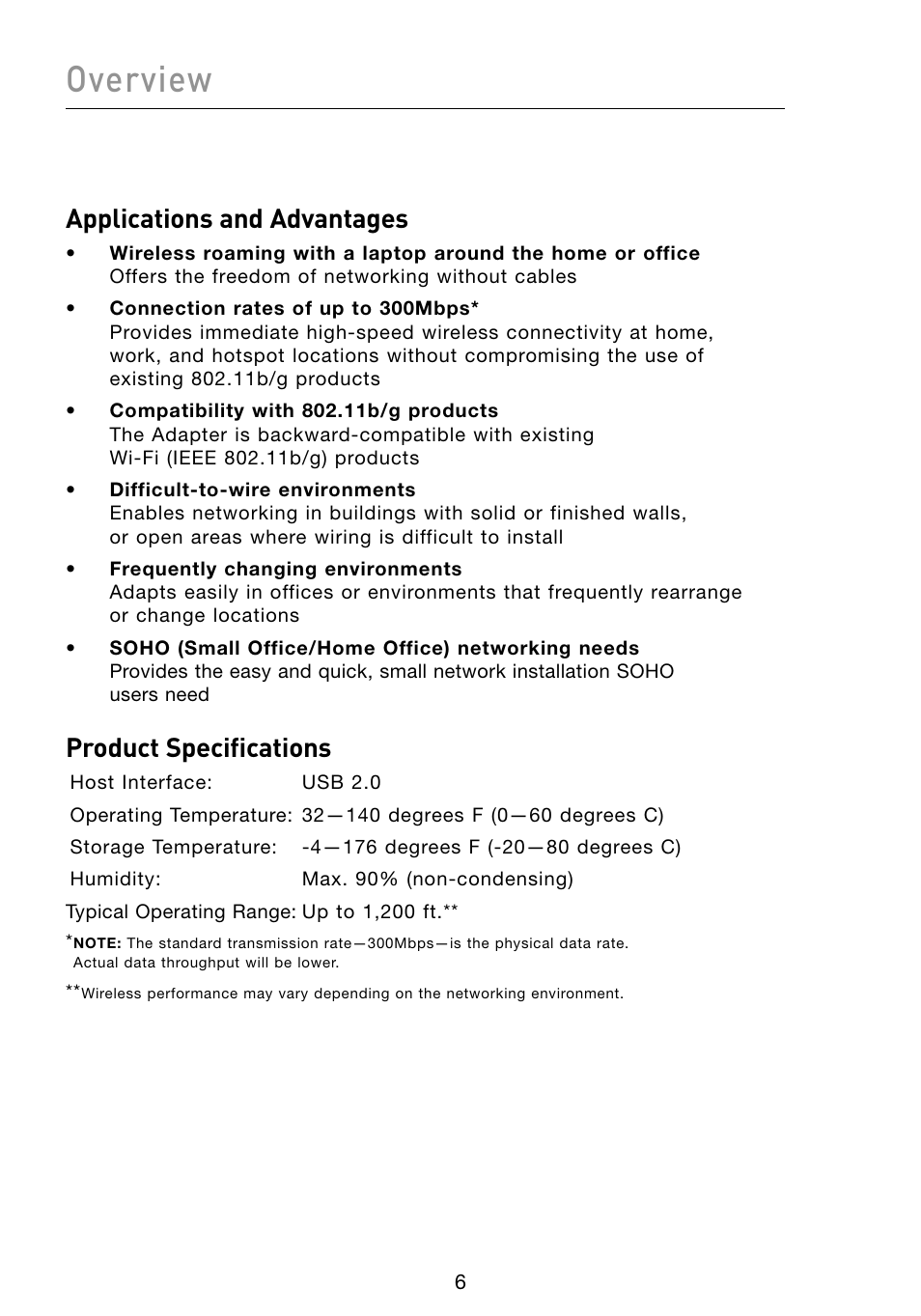 Overview, Applications and advantages, Product specifications | Belkin F5D8053 User Manual | Page 8 / 48