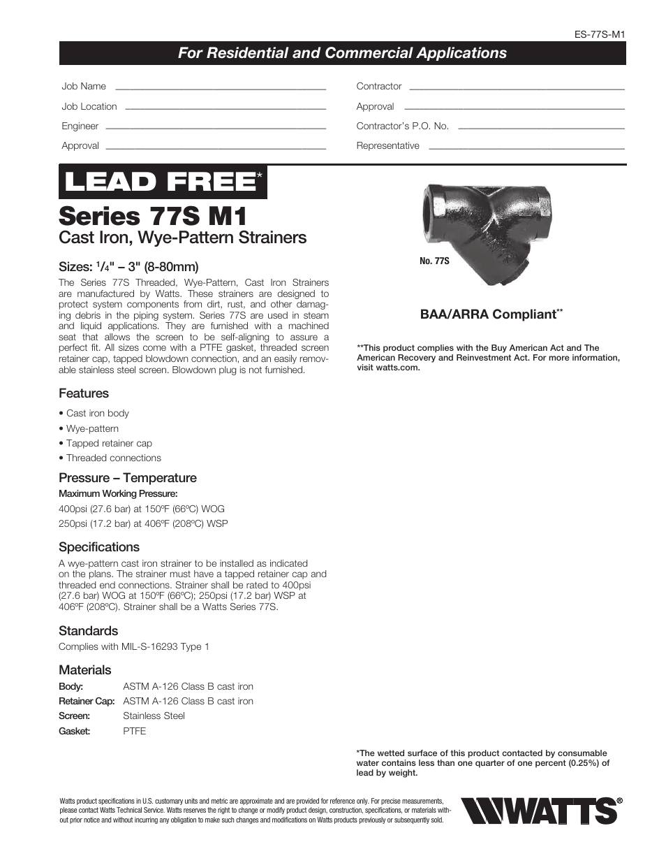 Watts 77S User Manual | 2 pages