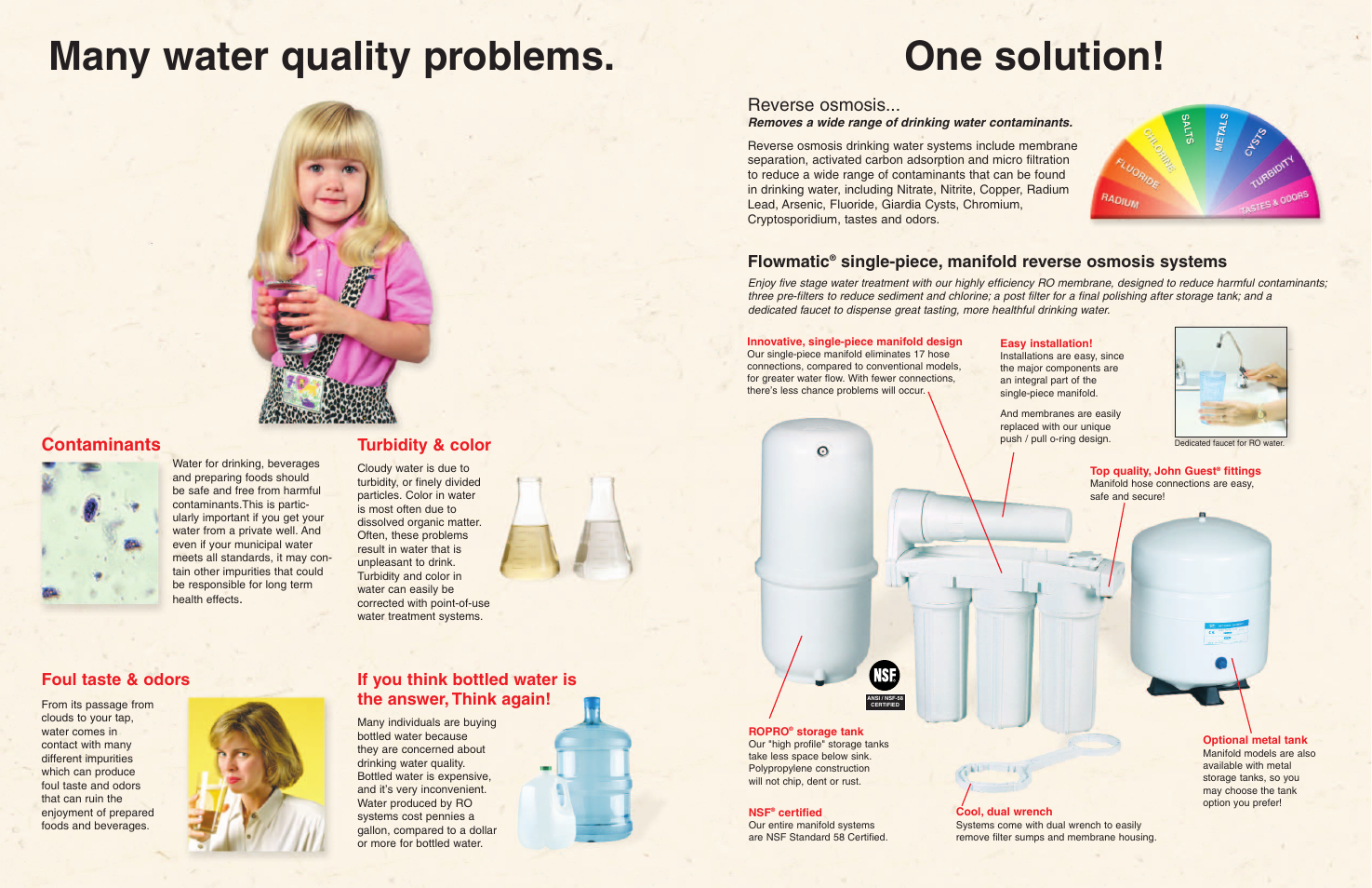 Many water quality problems, One solution, Contaminants | Reverse osmosis, Turbidity & color, Foul taste & odors, Flowmatic, Single-piece, manifold reverse osmosis systems | Watts FMRO5-M-PT User Manual | Page 2 / 2