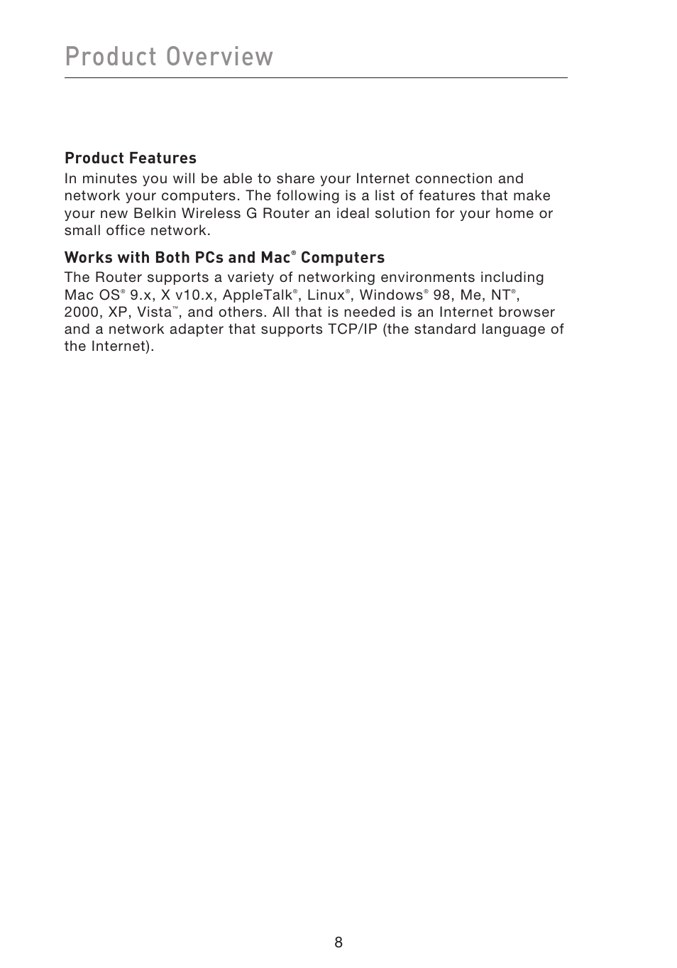 Product overview, Product features, Works with both pcs and mac | Computers | Belkin f5d7230-4 User Manual | Page 10 / 124
