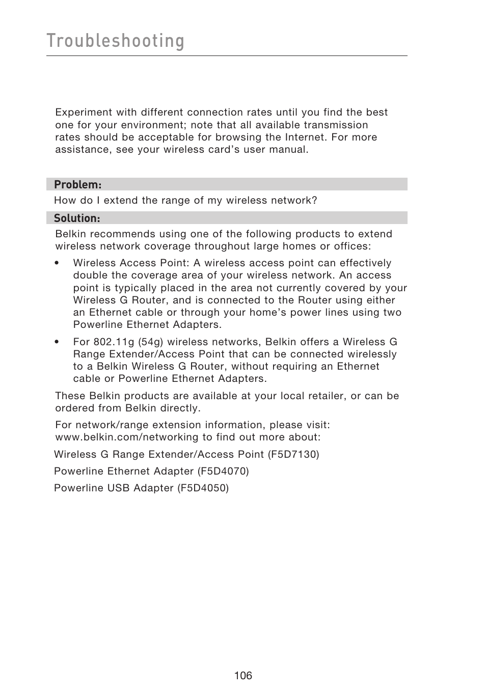 Troubleshooting | Belkin f5d7230-4 User Manual | Page 108 / 124