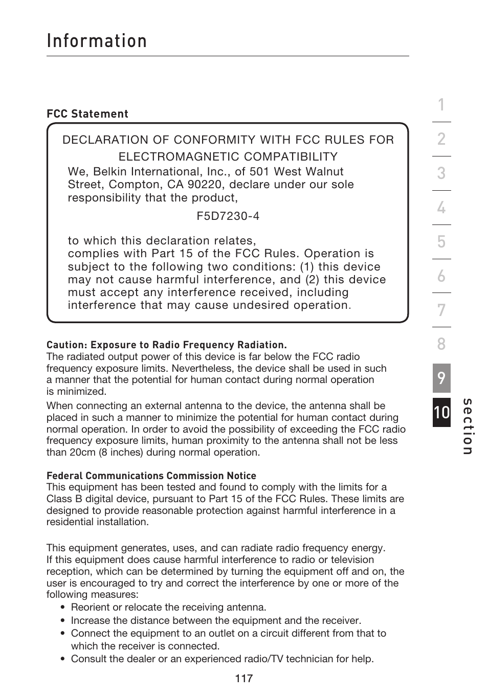 Information, Se ct io n | Belkin f5d7230-4 User Manual | Page 119 / 124