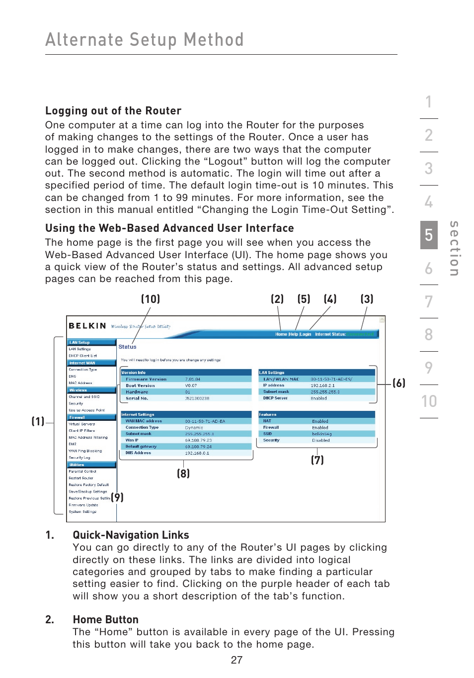 Alternate setup method, Se ct io n | Belkin f5d7230-4 User Manual | Page 29 / 124