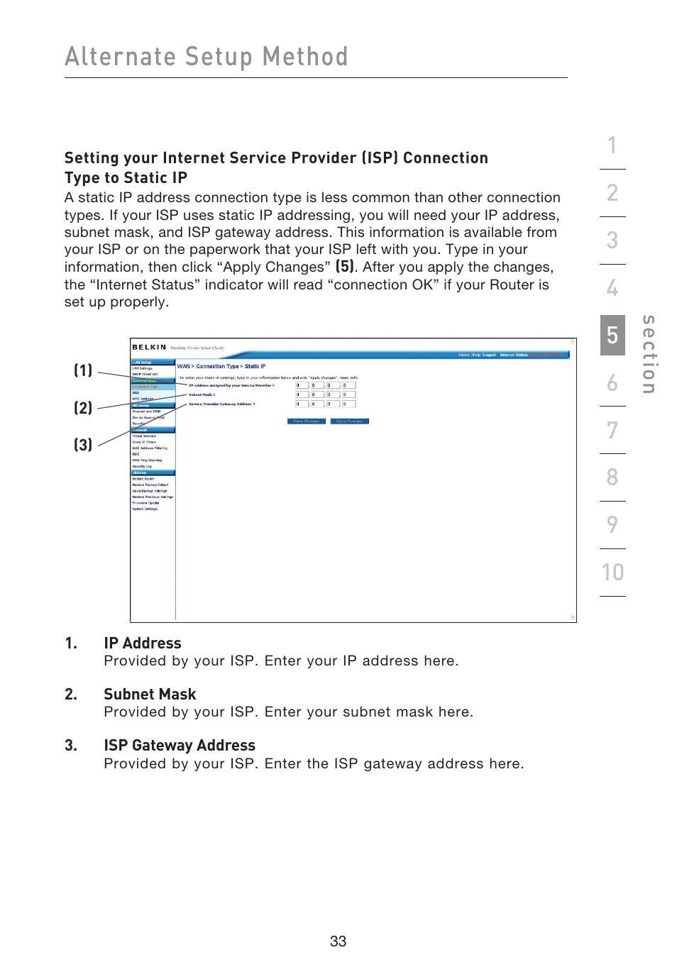 Alternate setup method, Se ct io n | Belkin f5d7230-4 User Manual | Page 35 / 124