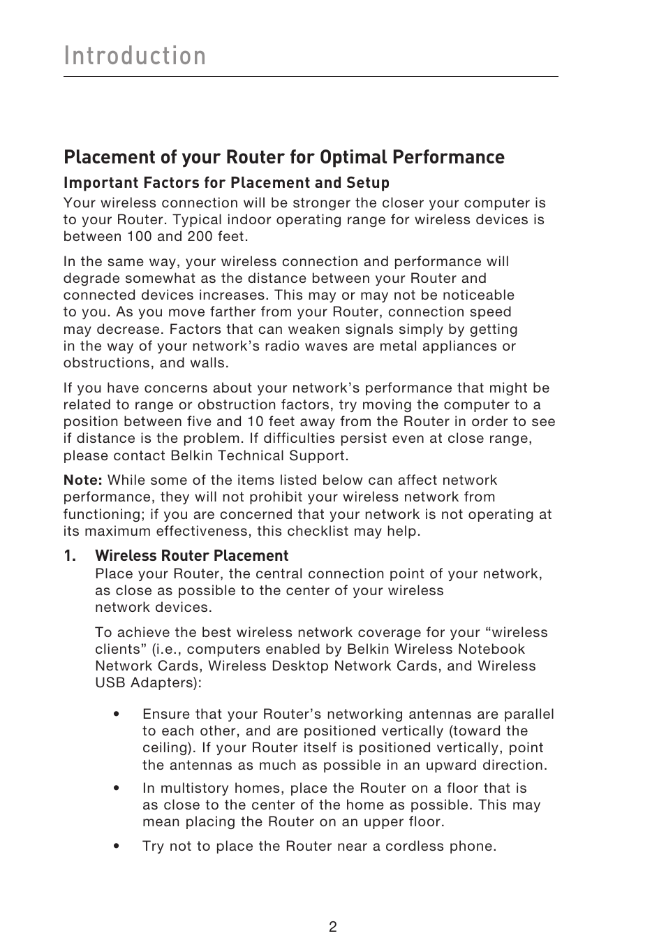Introduction, Placement of your router for optimal performance | Belkin f5d7230-4 User Manual | Page 4 / 124