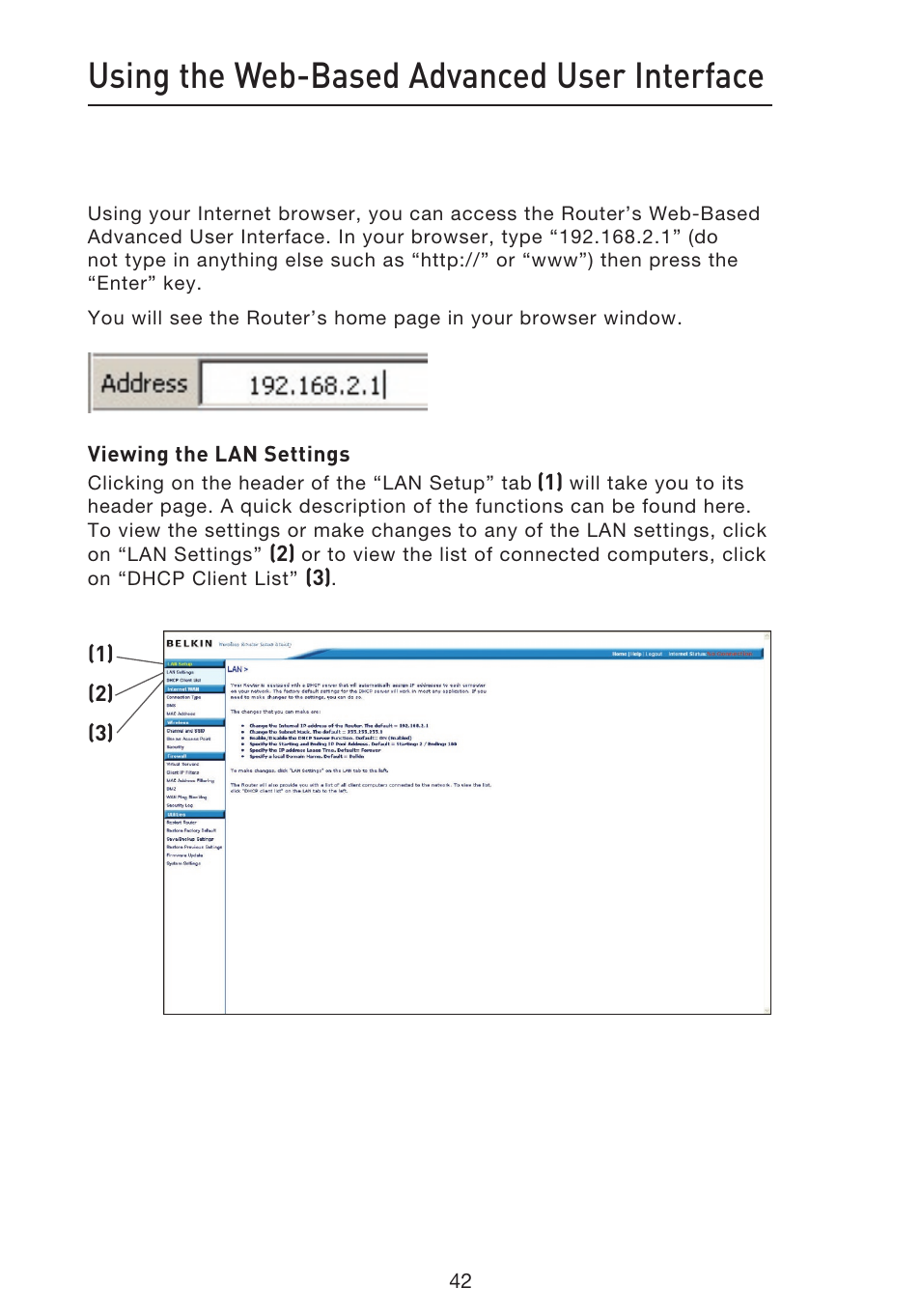 Using the web-based advanced user interface | Belkin f5d7230-4 User Manual | Page 44 / 124