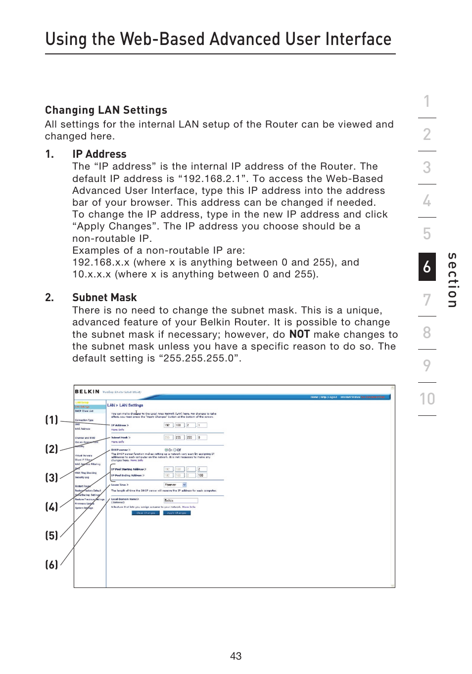 Using the web-based advanced user interface, Se ct io n | Belkin f5d7230-4 User Manual | Page 45 / 124