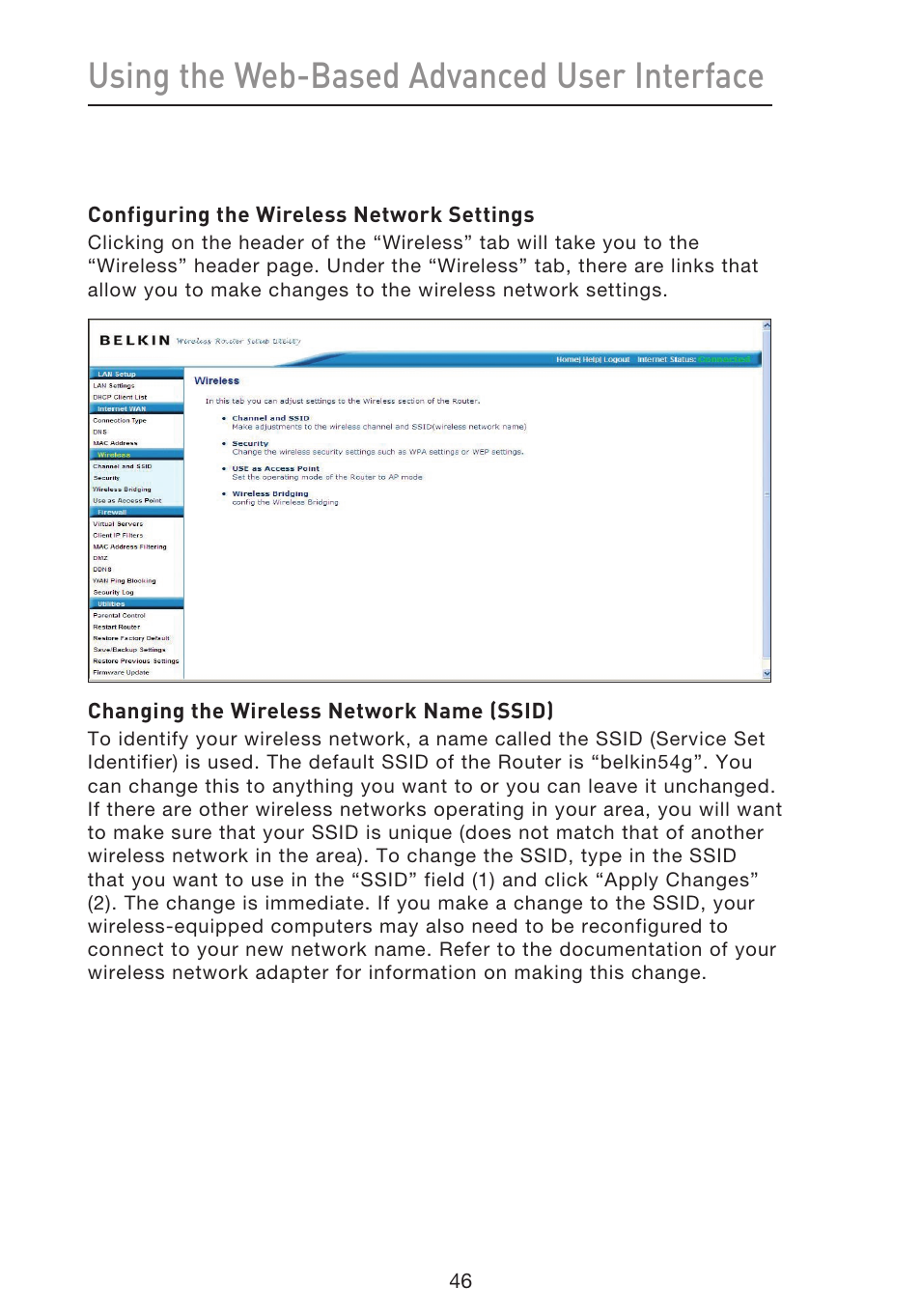 Using the web-based advanced user interface | Belkin f5d7230-4 User Manual | Page 48 / 124
