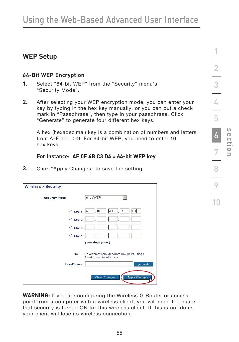 Using the web-based advanced user interface, Se ct io n | Belkin f5d7230-4 User Manual | Page 57 / 124