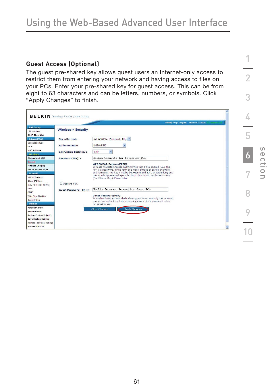 Using the web-based advanced user interface | Belkin f5d7230-4 User Manual | Page 63 / 124