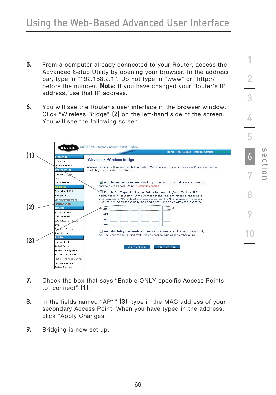 Using the web-based advanced user interface, Se ct io n | Belkin f5d7230-4 User Manual | Page 71 / 124