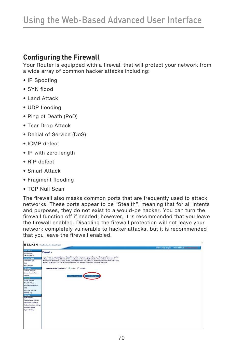 Using the web-based advanced user interface, Configuring the firewall | Belkin f5d7230-4 User Manual | Page 72 / 124