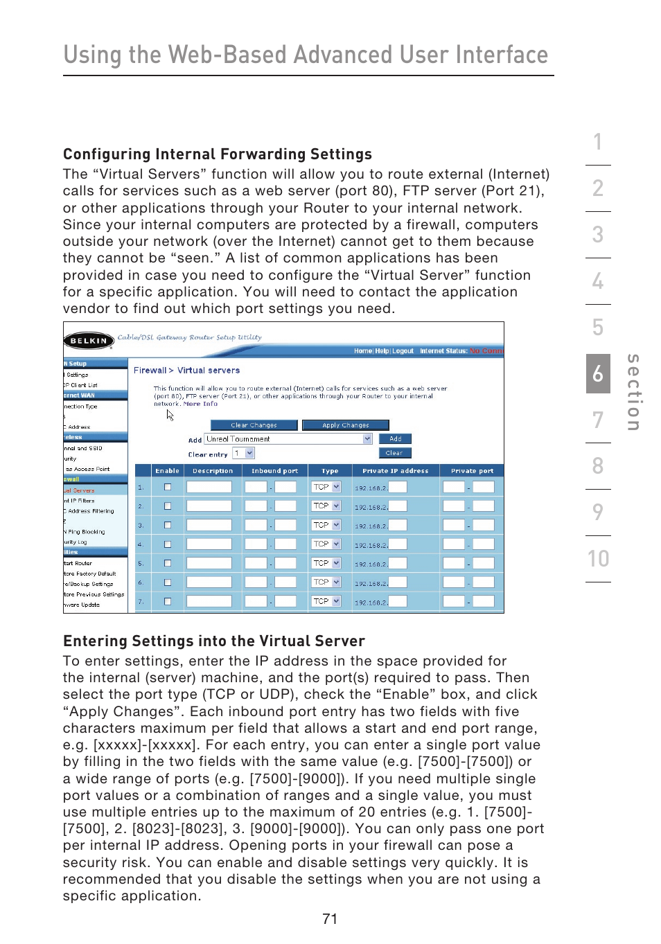 Using the web-based advanced user interface | Belkin f5d7230-4 User Manual | Page 73 / 124