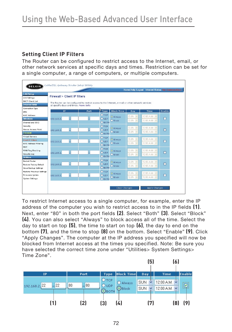 Using the web-based advanced user interface | Belkin f5d7230-4 User Manual | Page 74 / 124