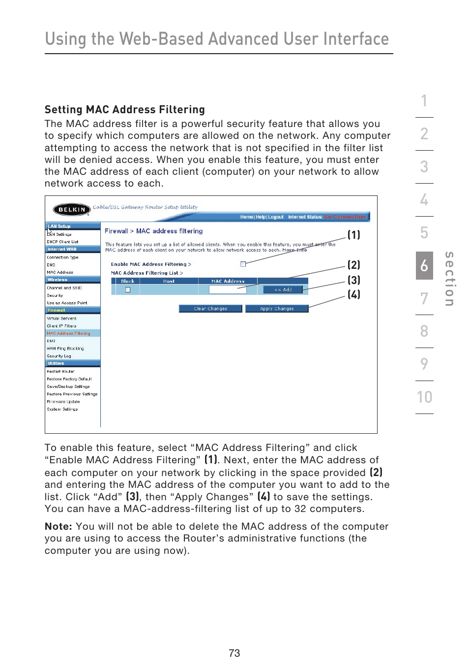 Using the web-based advanced user interface, Se ct io n | Belkin f5d7230-4 User Manual | Page 75 / 124