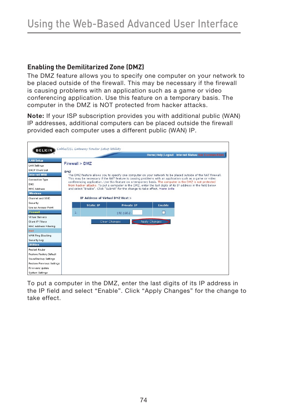 Using the web-based advanced user interface | Belkin f5d7230-4 User Manual | Page 76 / 124