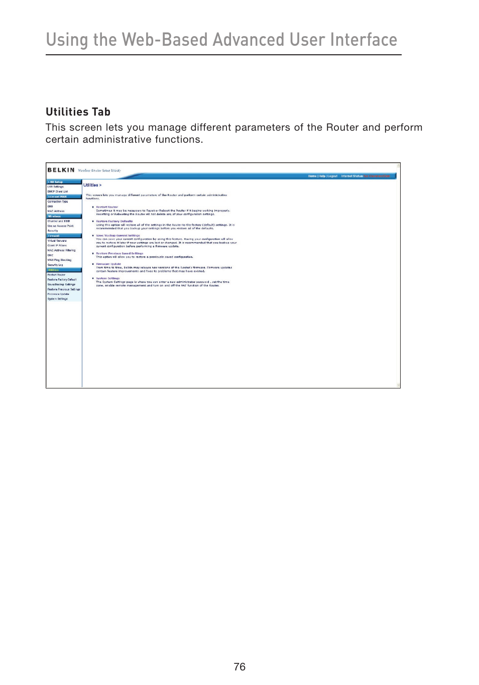 Using the web-based advanced user interface | Belkin f5d7230-4 User Manual | Page 78 / 124