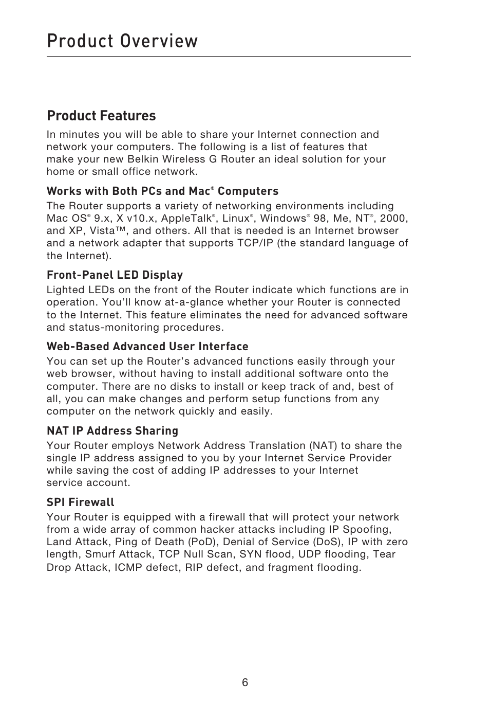 Product overview, Product features | Belkin f5d7230-4 User Manual | Page 8 / 124