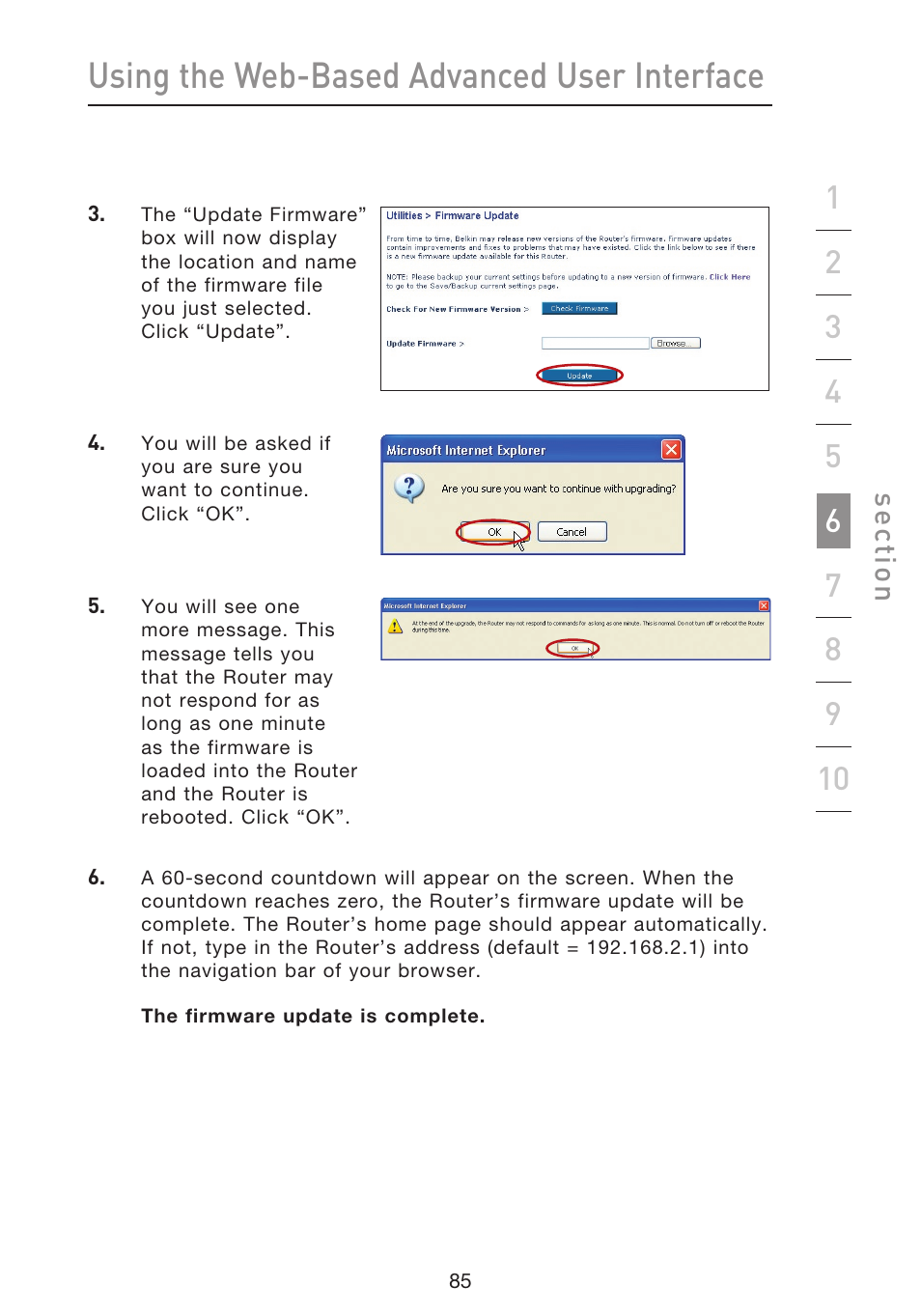 Using the web-based advanced user interface, Se ct io n | Belkin f5d7230-4 User Manual | Page 87 / 124