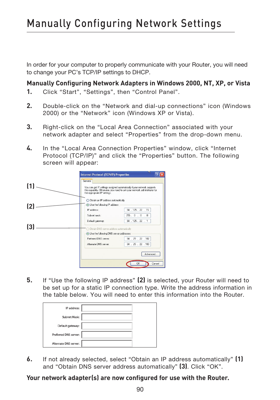 Manually configuring network settings | Belkin f5d7230-4 User Manual | Page 92 / 124