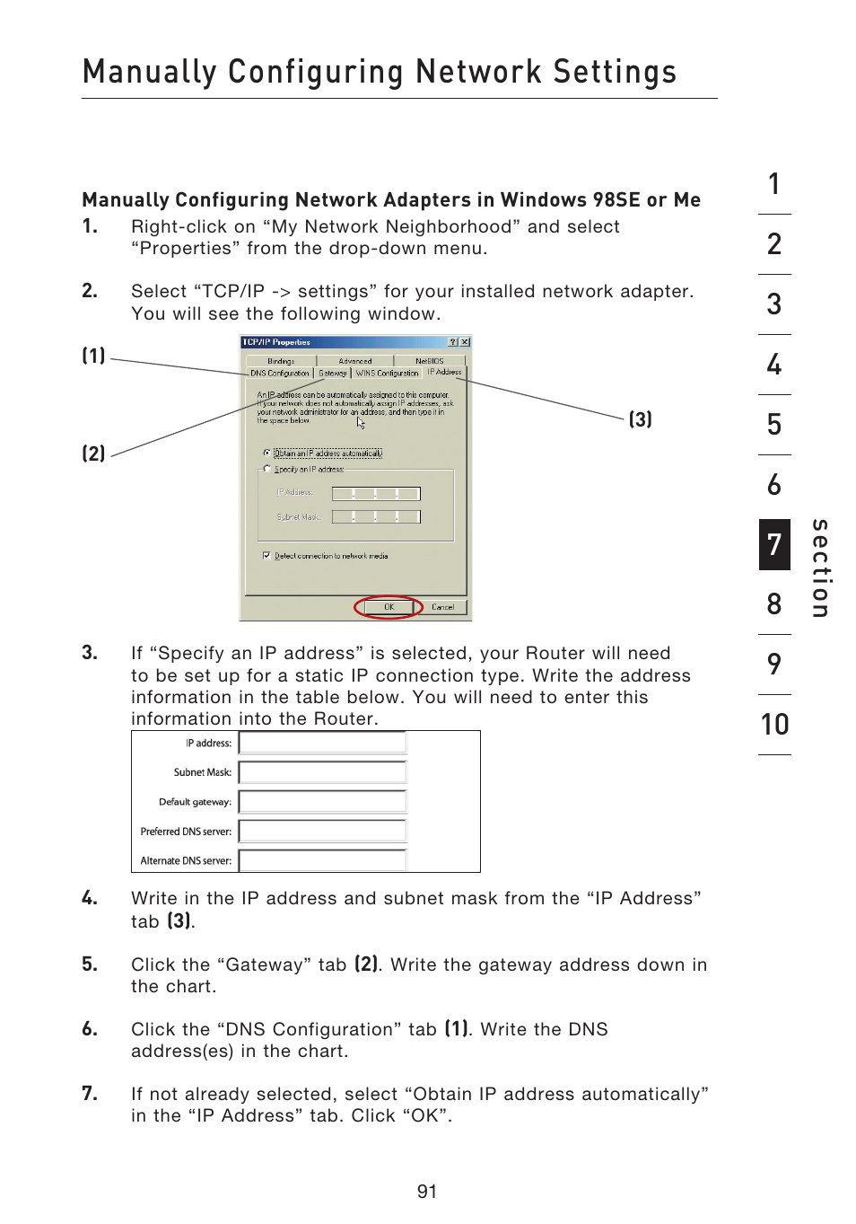 Manually configuring network settings, Se ct io n | Belkin f5d7230-4 User Manual | Page 93 / 124