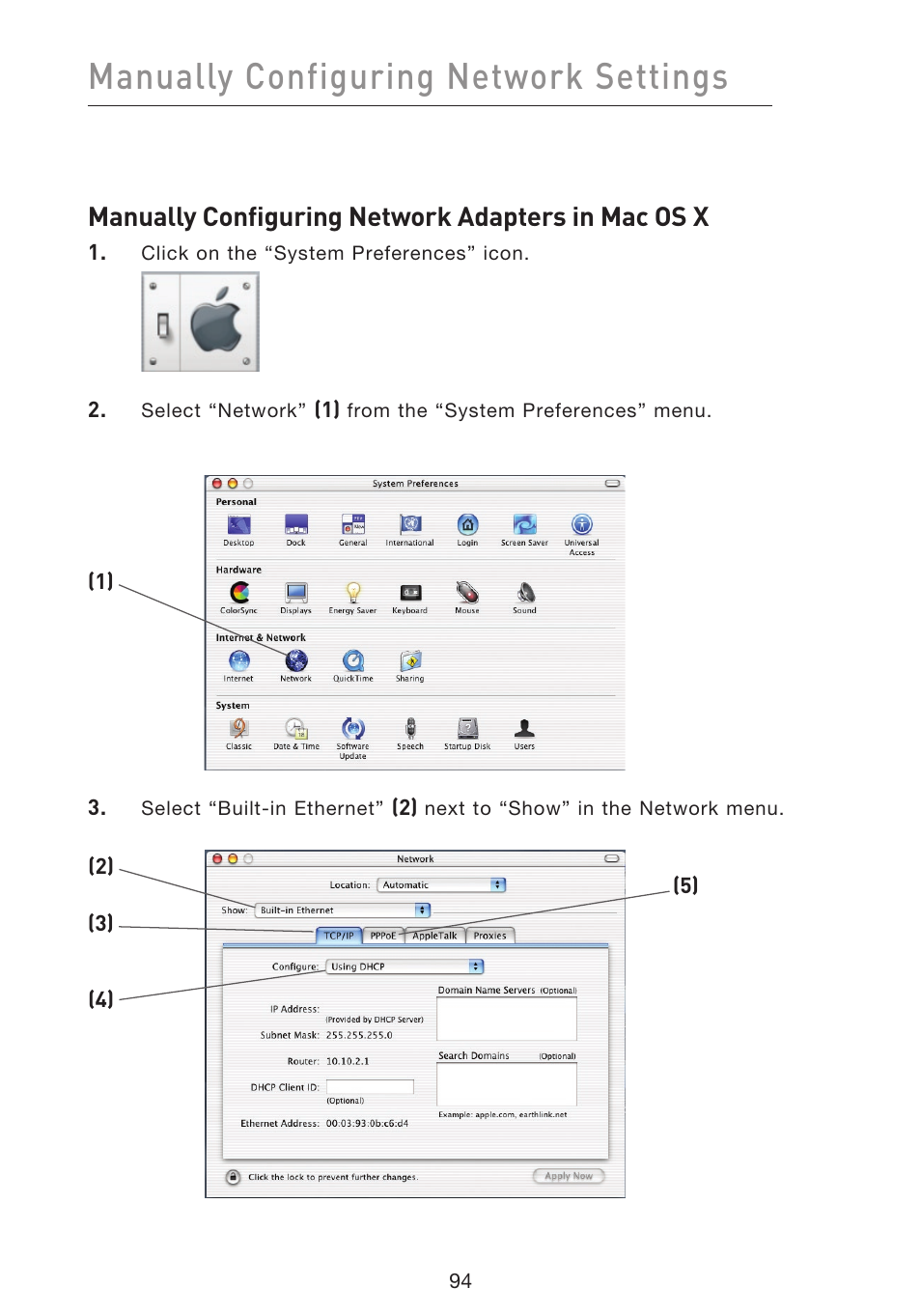 Manually configuring network settings, Manually configuring network adapters in mac os x | Belkin f5d7230-4 User Manual | Page 96 / 124