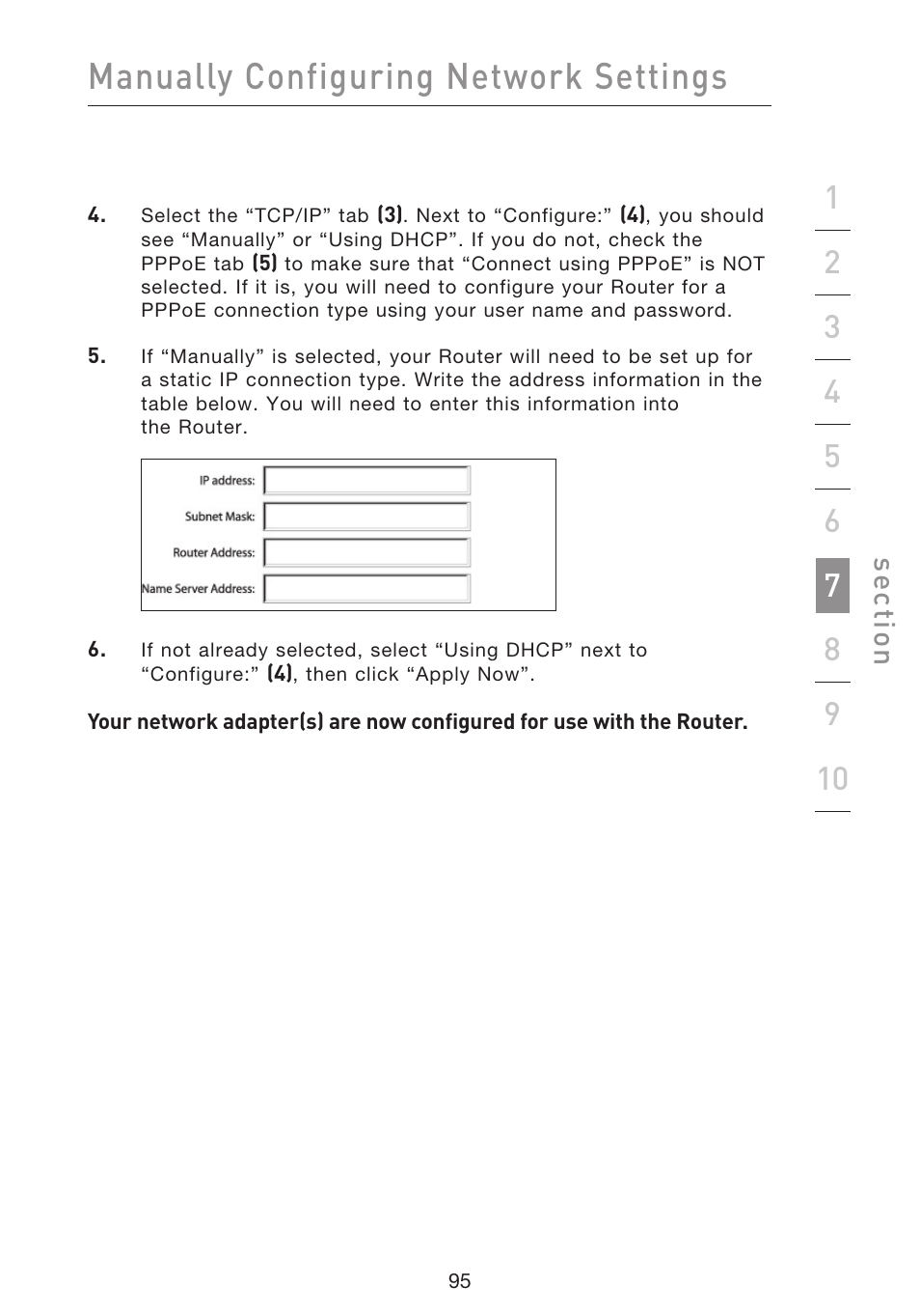 Manually configuring network settings, Se ct io n | Belkin f5d7230-4 User Manual | Page 97 / 124
