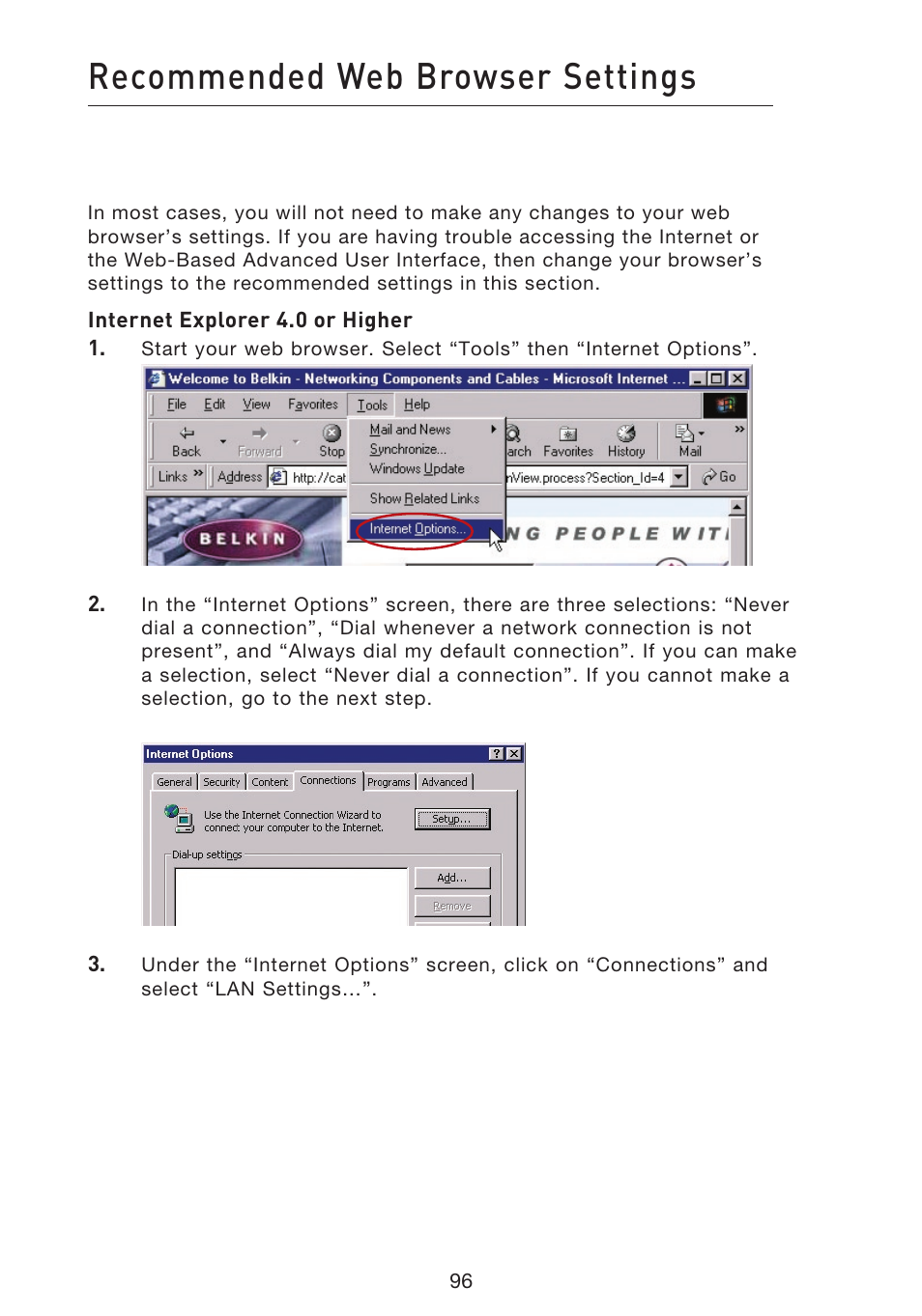 Recommended web browser settings | Belkin f5d7230-4 User Manual | Page 98 / 124