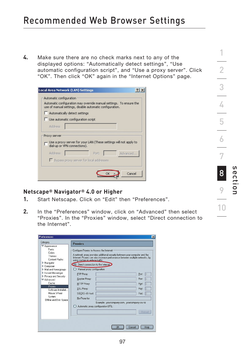 Recommended web browser settings, Se ct io n | Belkin f5d7230-4 User Manual | Page 99 / 124