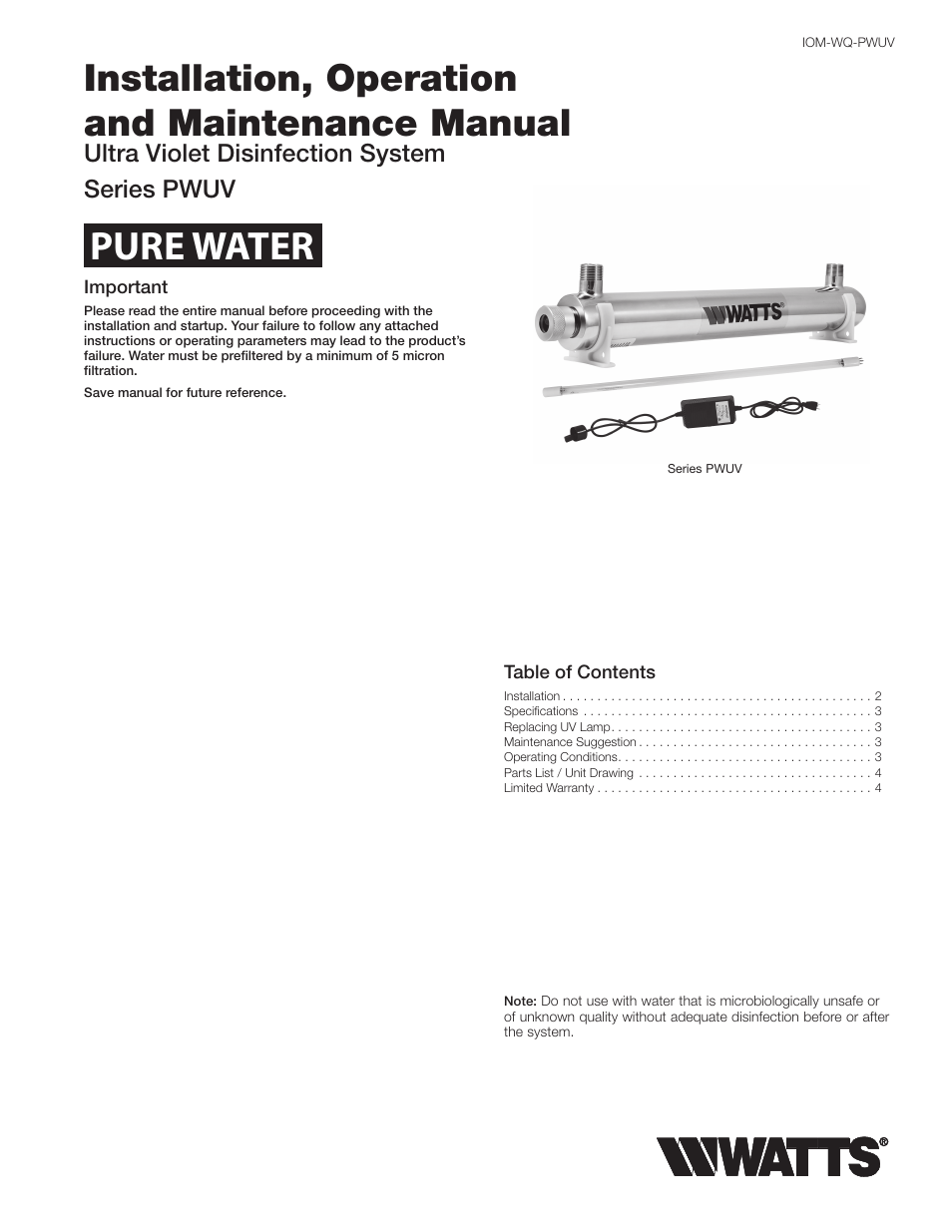 Watts PWUVQ User Manual | 4 pages