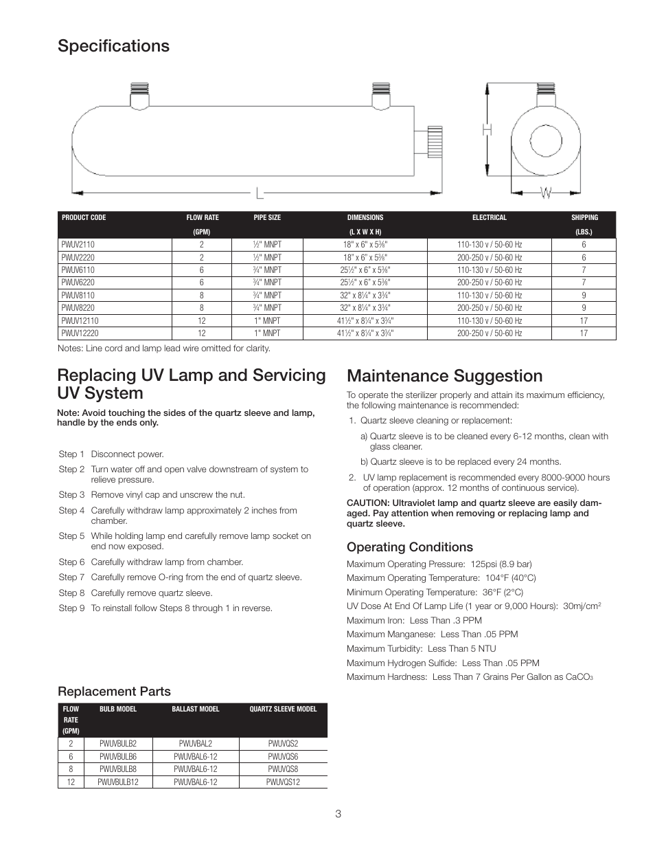 Specifications, Replacing uv lamp and servicing uv system, Maintenance suggestion | Operating conditions, Replacement parts | Watts PWUVQ User Manual | Page 3 / 4