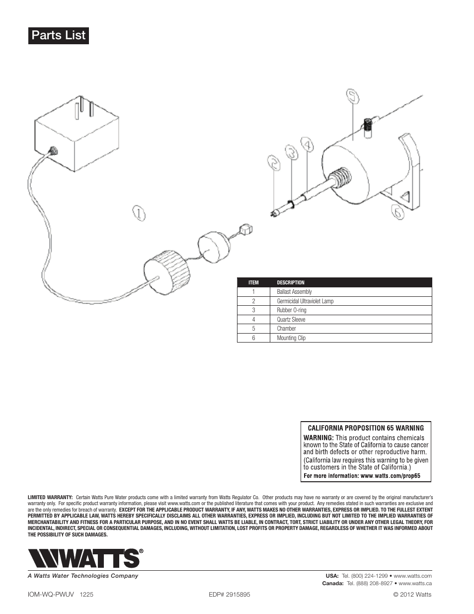 Parts list | Watts PWUVQ User Manual | Page 4 / 4