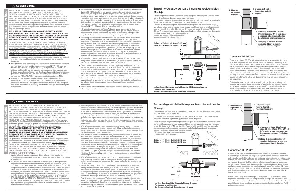 Empalme de aspersor para incendios residenciales, Montaje, Conexión rf pex | Connexion rf pex, Montage | Watts FPSF-2 Tee Fitting User Manual | Page 2 / 2