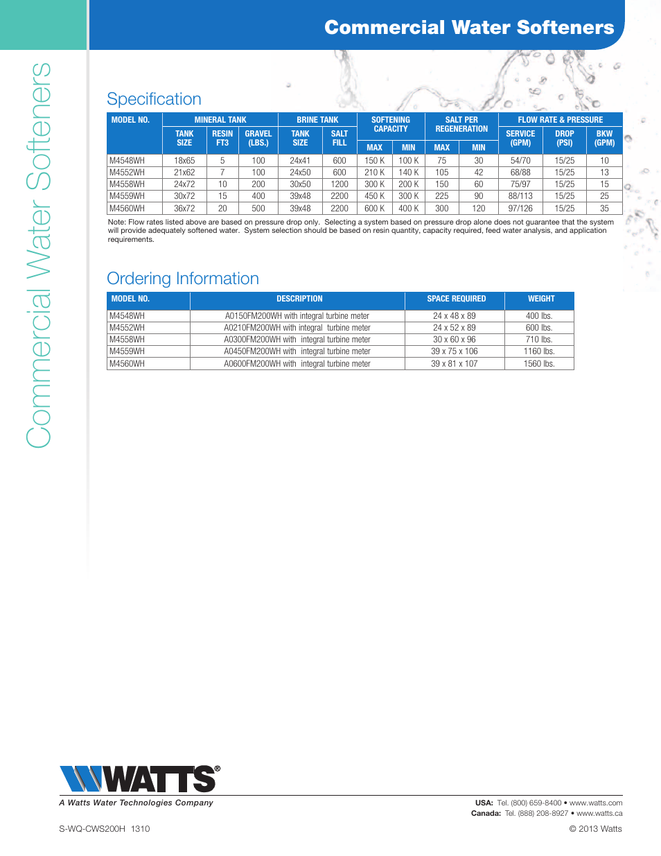 Commercial w ater softeners, Commercial water softeners, Specification | Ordering information | Watts CWS200H User Manual | Page 2 / 2