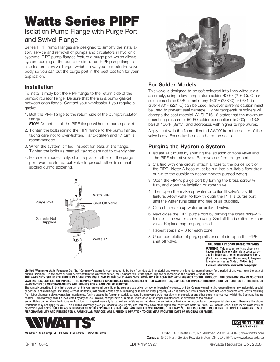 Watts PIPF User Manual | 1 page