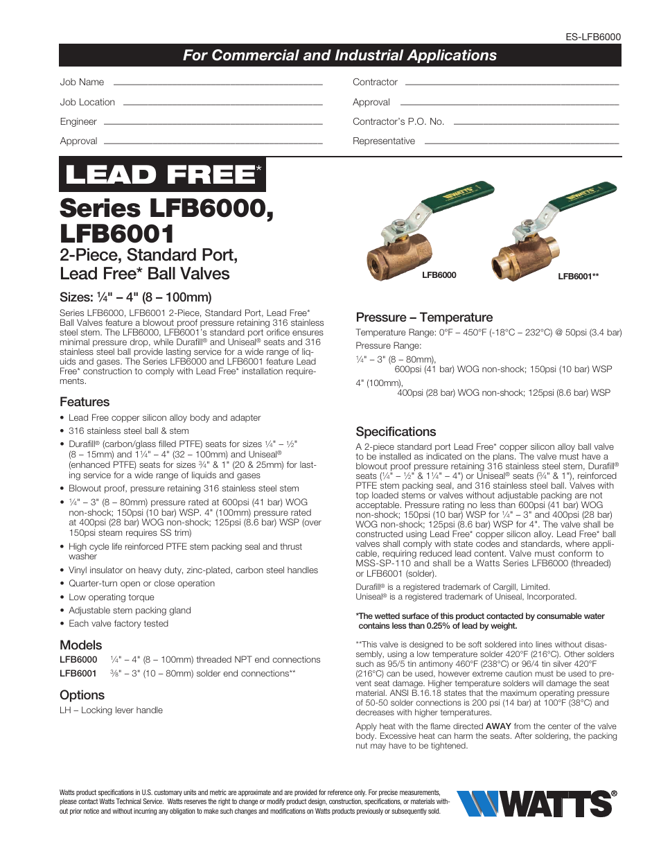 Watts LFB6001 User Manual | 2 pages