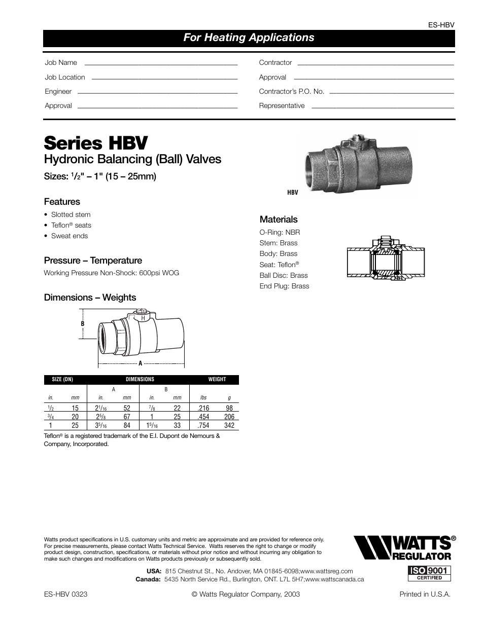 Watts HBV User Manual | 1 page