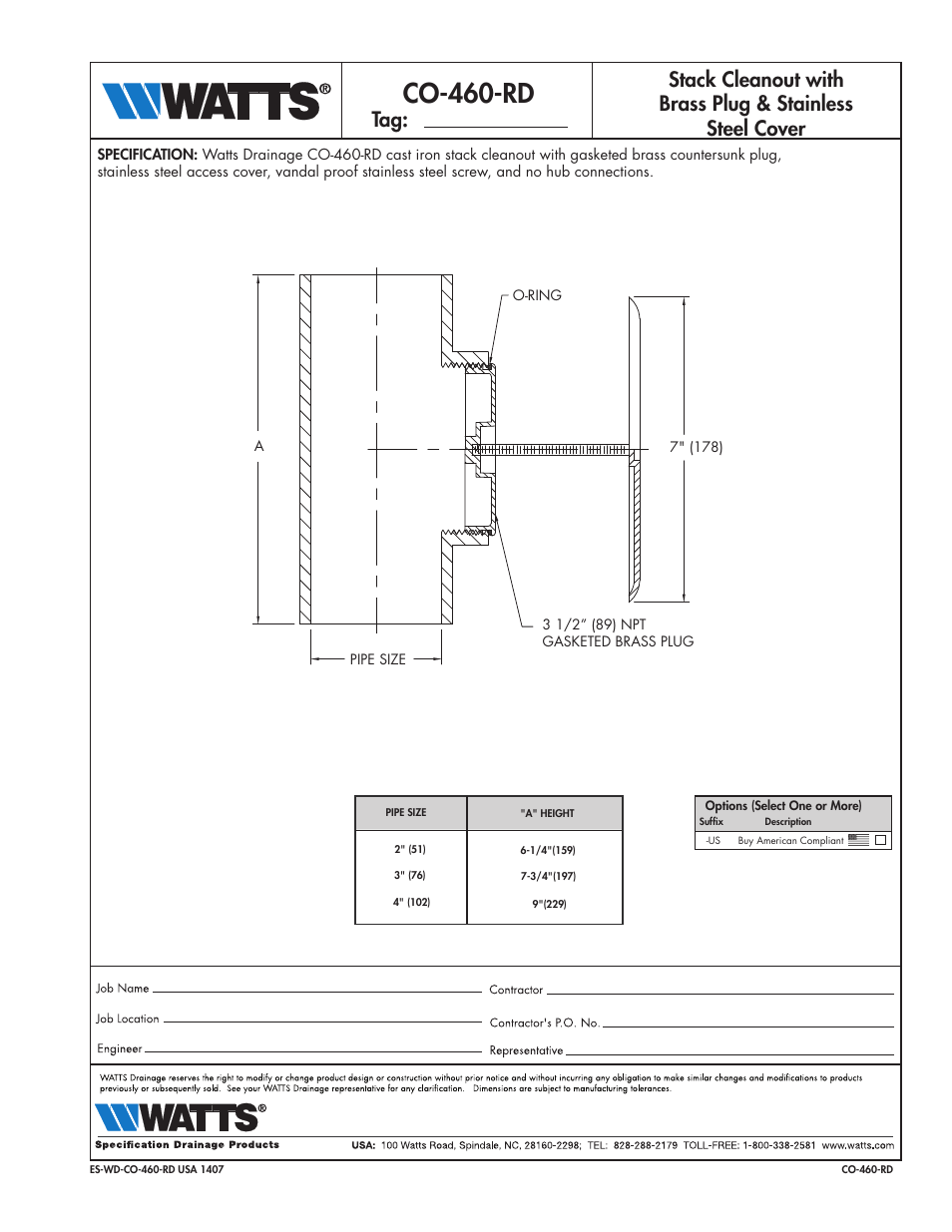 Watts CO-460-RD User Manual | 1 page