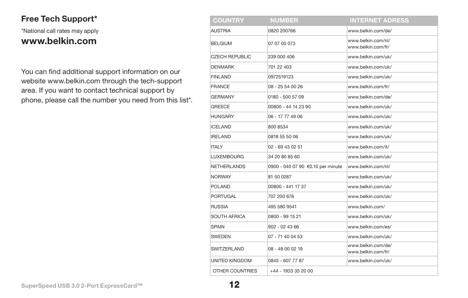 Free tech support | Belkin SuperSpeed USB 3.0 2-Port ExpressCard 8820-00417 F4U024 User Manual | Page 14 / 15