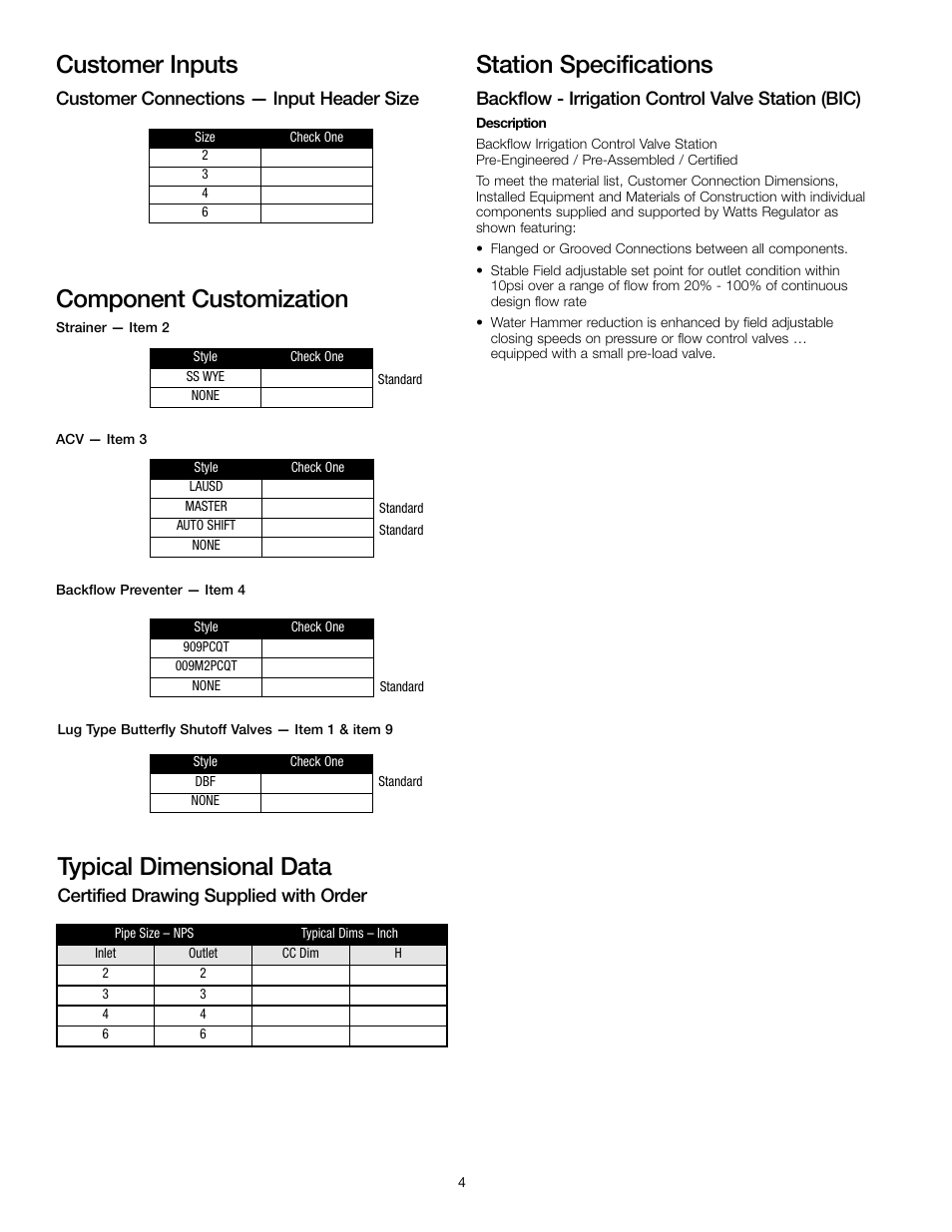 Typical dimensional data, Station specifications, Customer inputs | Component customization | Watts BIC-1000 User Manual | Page 4 / 8