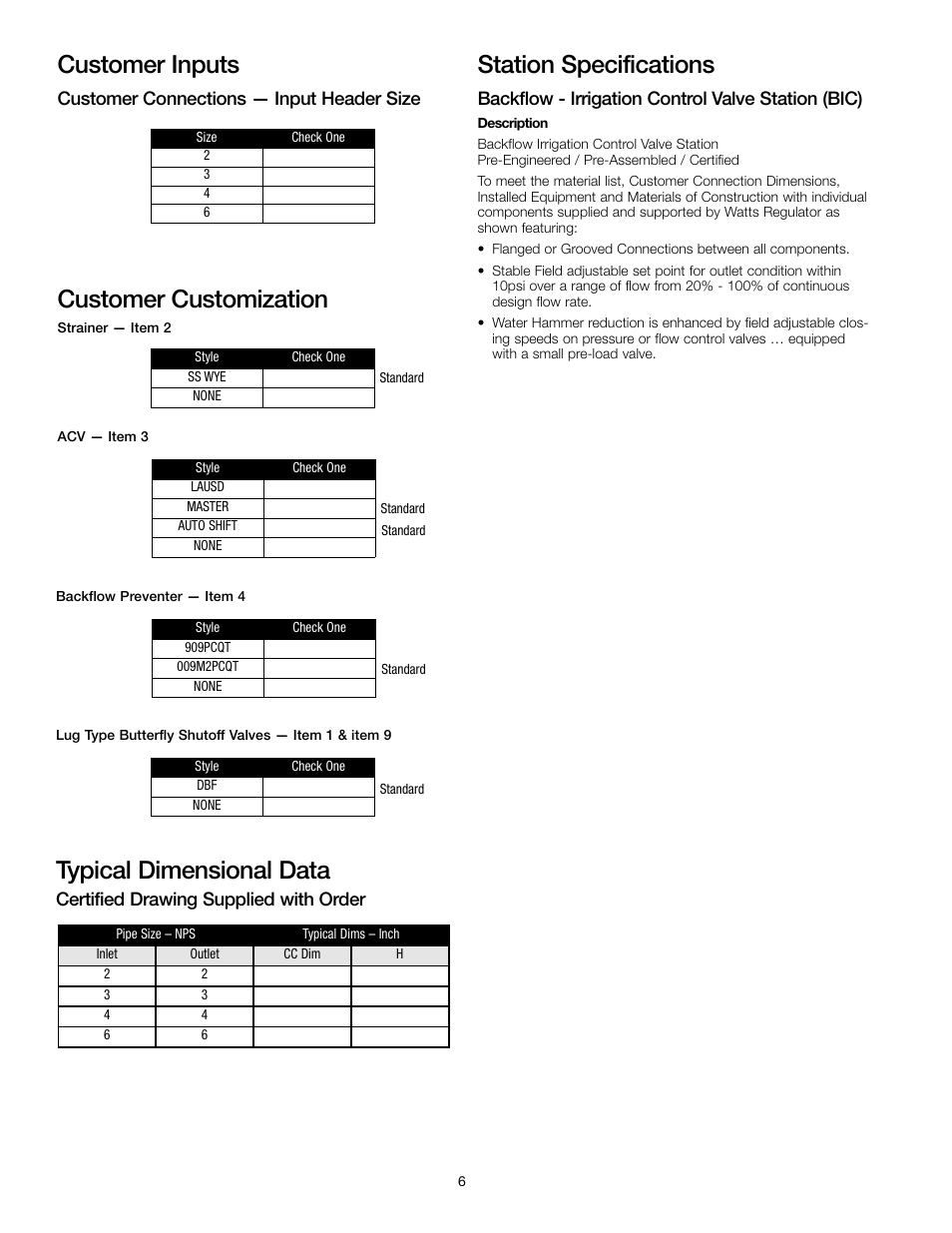 Typical dimensional data, Station specifications, Customer inputs | Customer customization | Watts BIC-1000 User Manual | Page 6 / 8