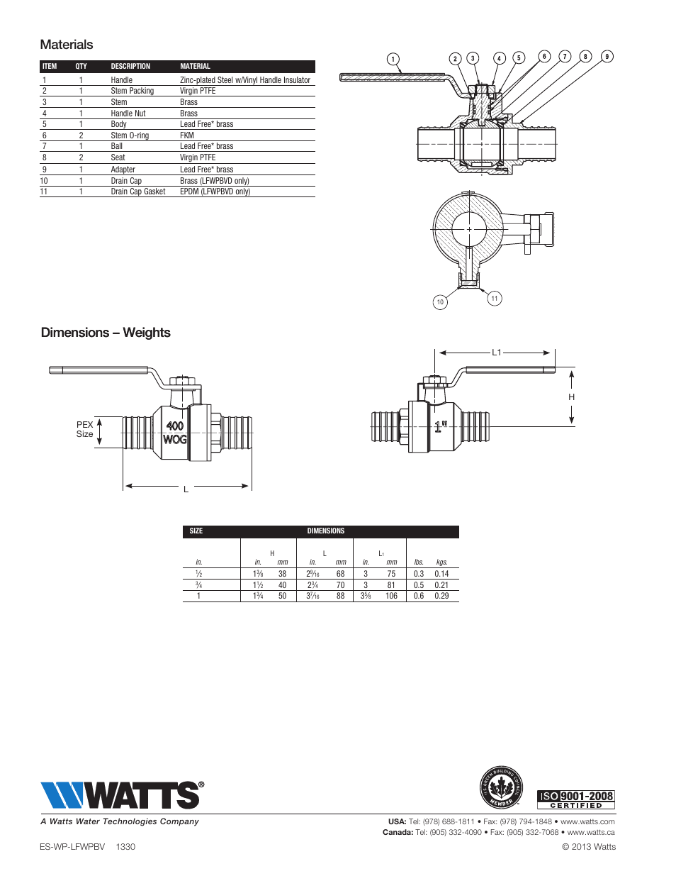 Dimensions – weights, Materials | Watts LFWPBV User Manual | Page 2 / 2