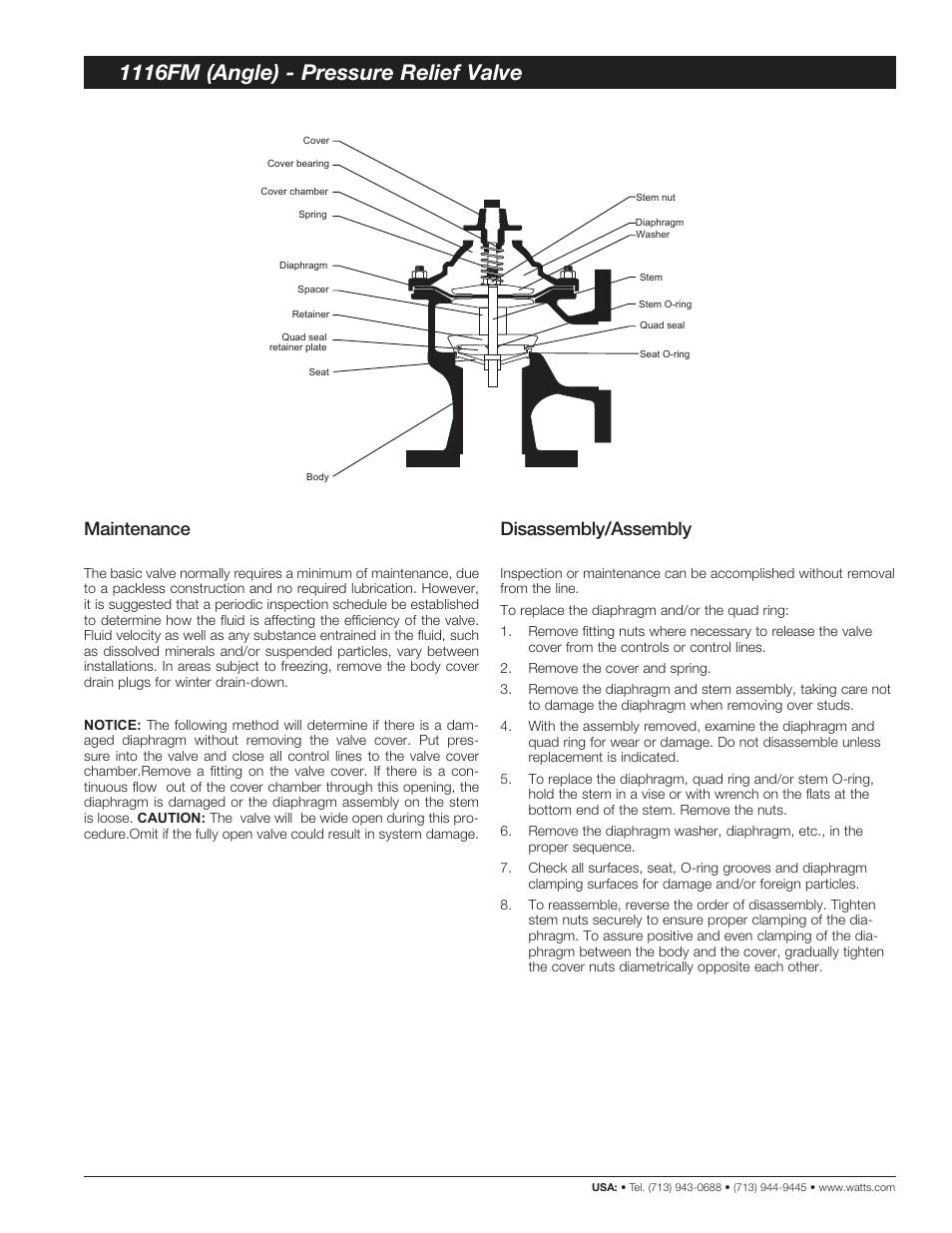 1116fm (angle) - pressure relief valve, Maintenance, Disassembly/assembly | Watts 1116FM User Manual | Page 3 / 4