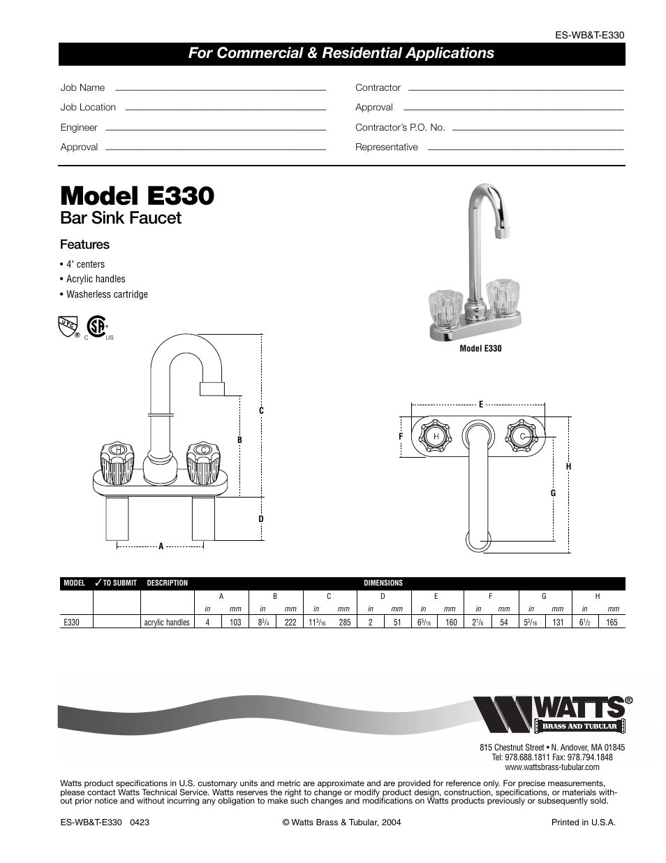 Watts E330 User Manual | 1 page