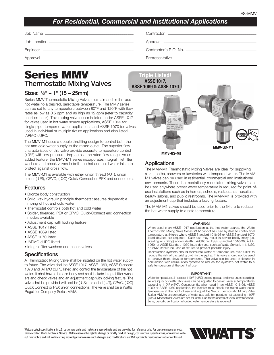 Watts MMV User Manual | 2 pages