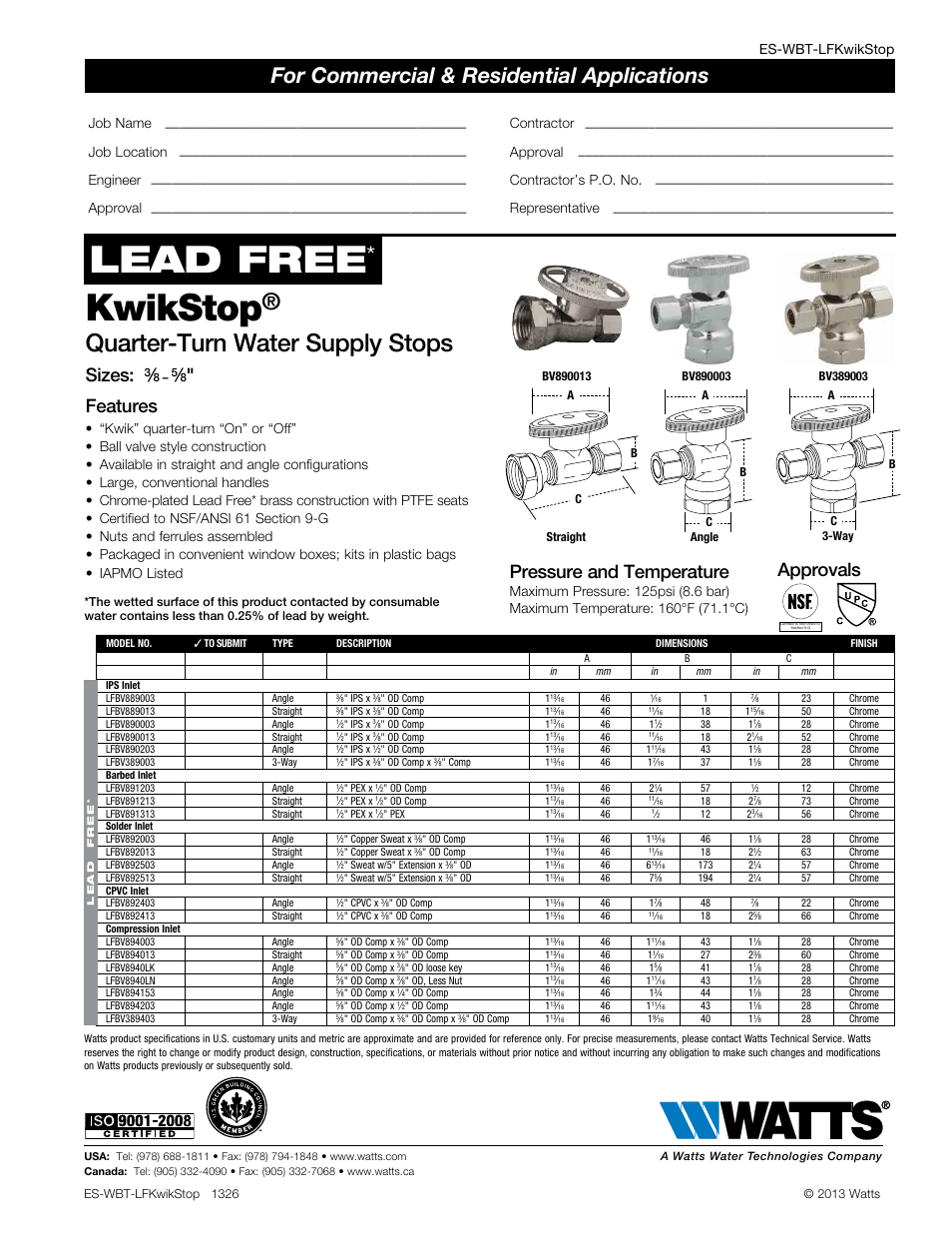 Watts LFBV894203 User Manual | 1 page