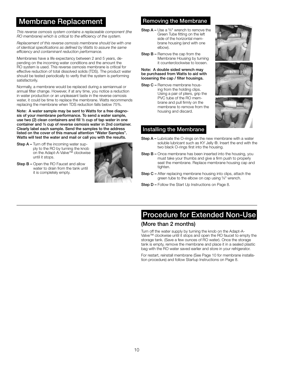 Procedure for extended non-use, Membrane replacement, More than 2 months) | Removing the membrane, Installing the membrane | Watts PWRO5MAN User Manual | Page 10 / 16